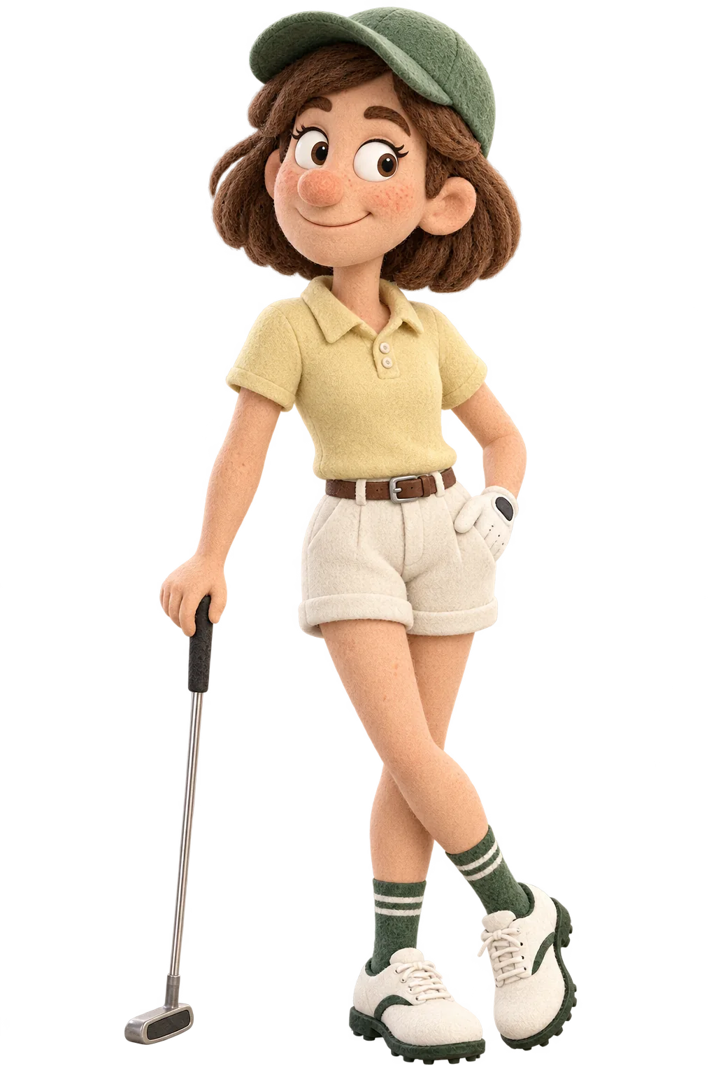 June, in a sage golf cap